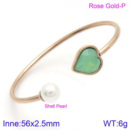 Modern Style Simple Style Heart Shape Stainless Steel Titanium Steel 18K Gold Plated Glass Stone Pearl Bangle In Bulk