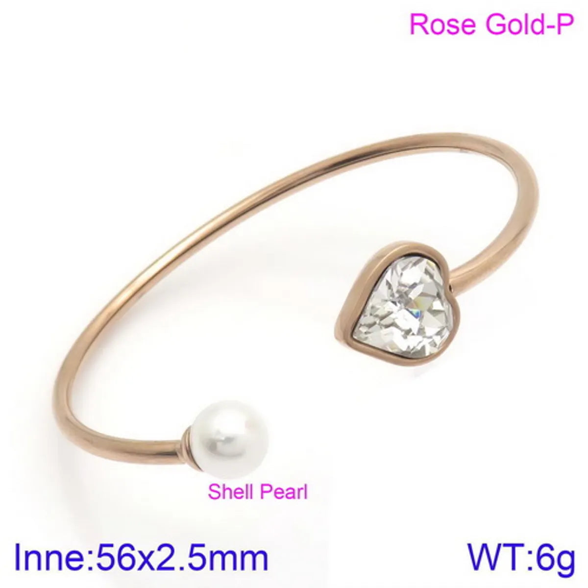 Modern Style Simple Style Heart Shape Stainless Steel Titanium Steel 18K Gold Plated Glass Stone Pearl Bangle In Bulk