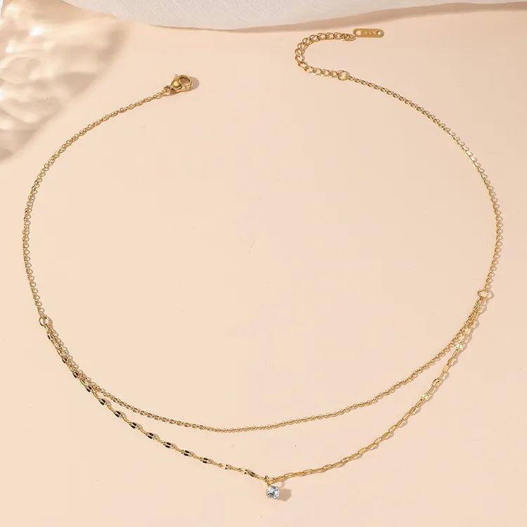 Wholesale Jewelry Modern Style Simple Style Round Titanium Steel Rhinestones 18K Gold Plated Polishing Plating Inlay Layered Necklaces