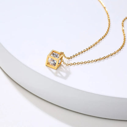 Modern Style Square Stainless Steel Plating Hollow Out Inlay Zircon 18k Gold Plated Pendant Necklace