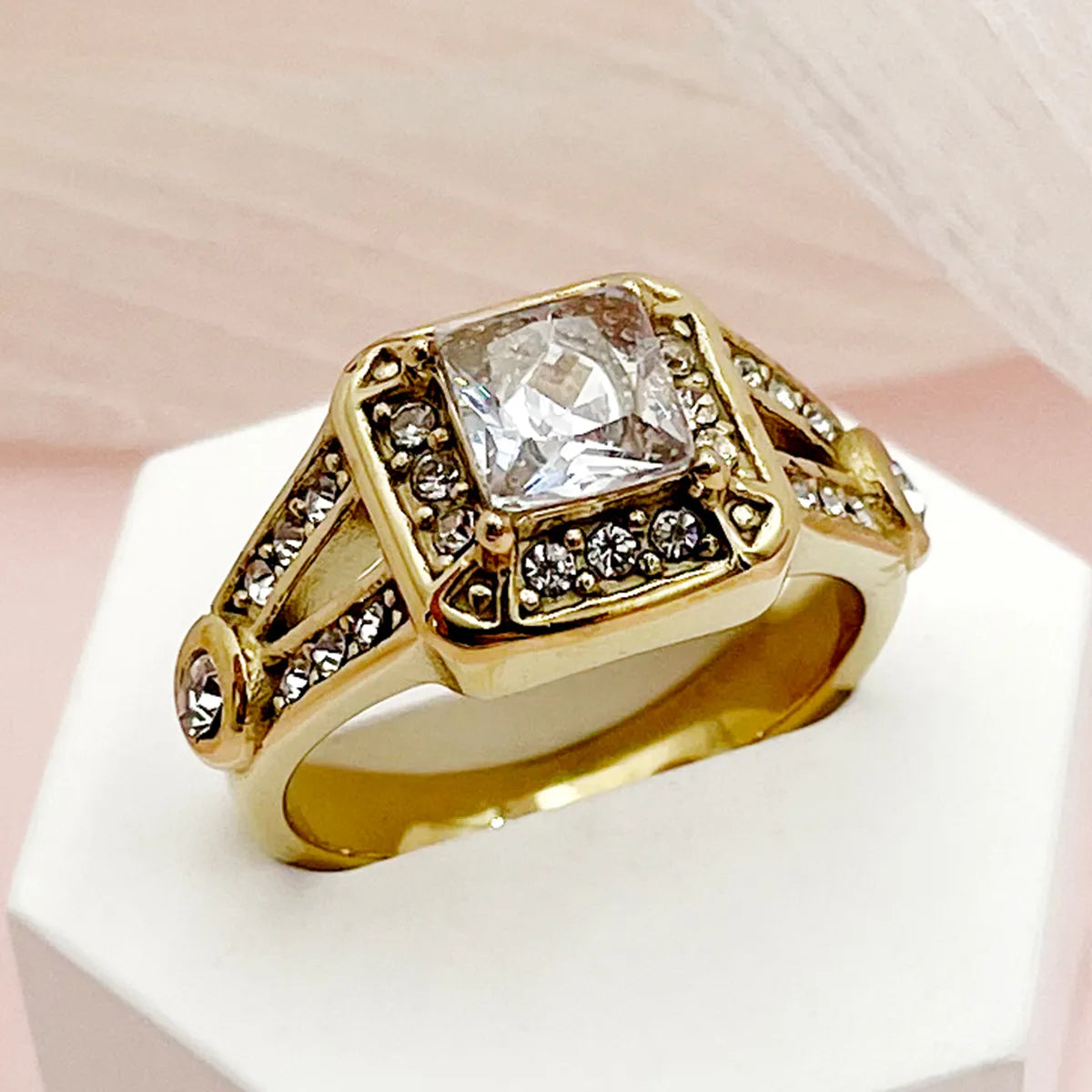 Modern Style Square Stainless Steel Plating Inlay Rhinestones Zircon Gold Plated Rings