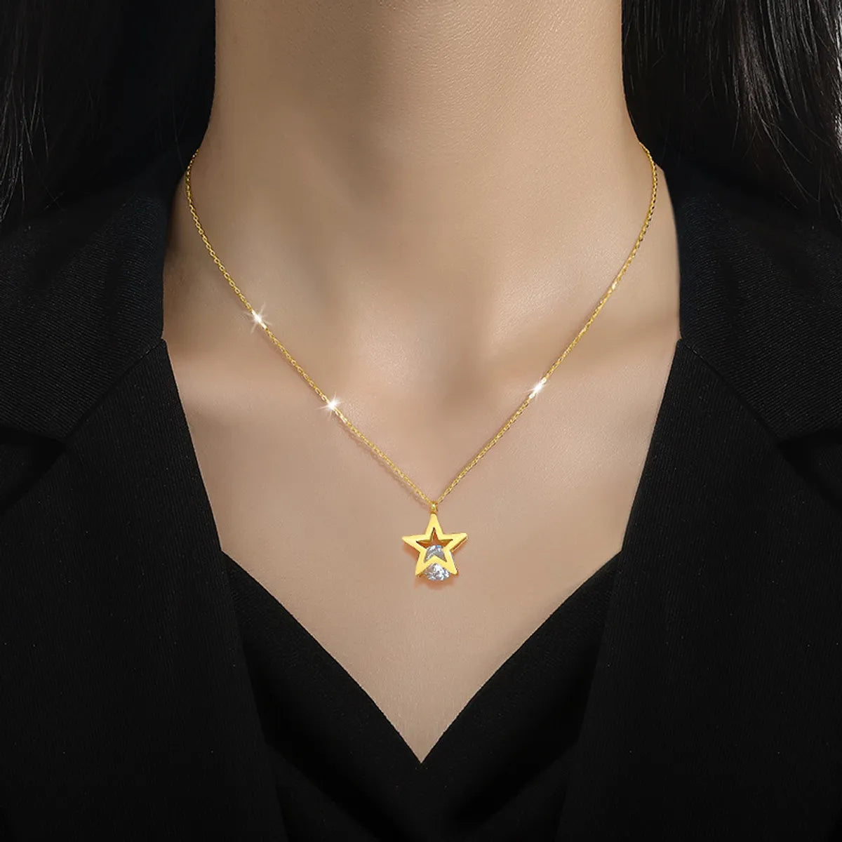 Modern Style Star Titanium Steel Plating Inlay Zircon Gold Plated Pendant Necklace