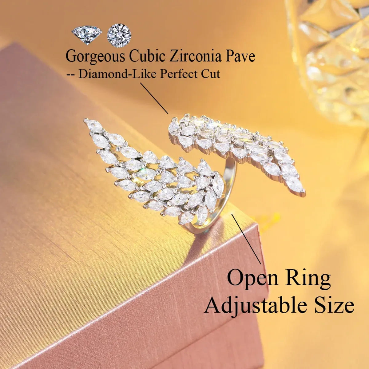 Modern Style Wings Copper Plating Inlay Artificial Gemstones White Gold Plated Rhodium Plated Open Rings