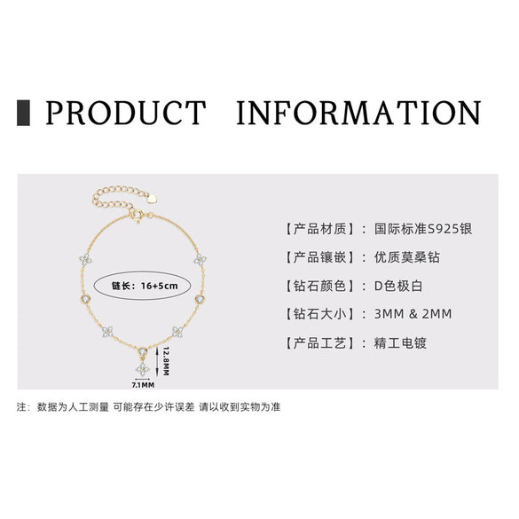 Moissanite Bracelet 925 Sterling Silver Plated 18K Gold Four Leaf Clover Classic Natural Style Women's Jewelry