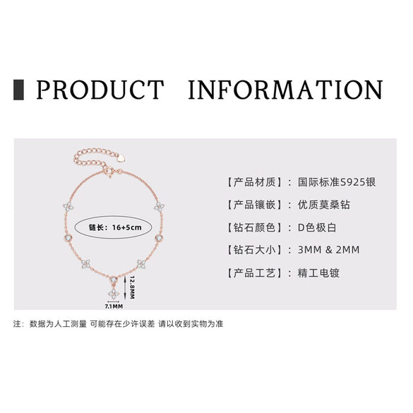 Moissanite Bracelet 925 Sterling Silver Plated 18K Gold Four Leaf Clover Classic Natural Style Women's Jewelry