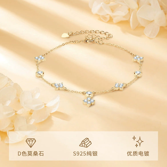 Moissanite Bracelet 925 Sterling Silver Plated 18K Gold Four Leaf Clover Classic Natural Style Women's Jewelry