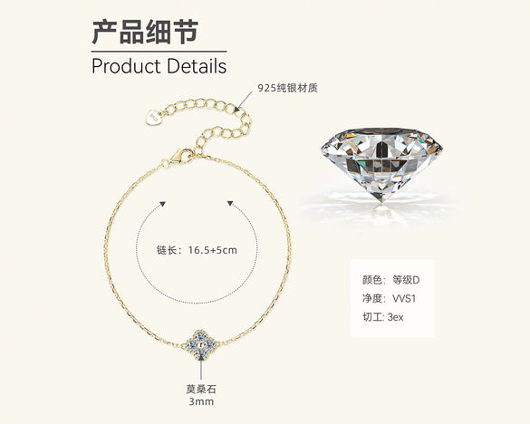 Moissanite Four Leaf Clover Bracelet S925 Silver Handmade Electroplated Jewelry For Women