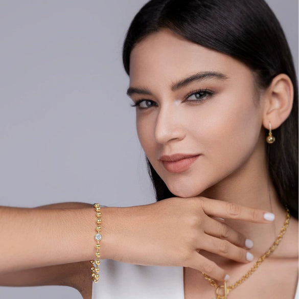 Moissanite Inlay 925 Silver Gold Bead Chain Geometric Style Women's Bracelet