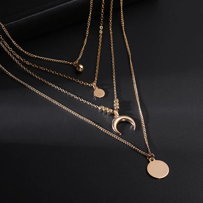 Moon Disc Pendant Multi-Layer Necklace