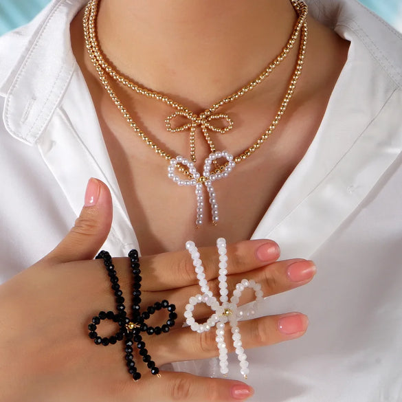 Mother Pearl Shellfish Copper Elegant Korean Style Beaded Geometric Bow Knot Pendant Necklace