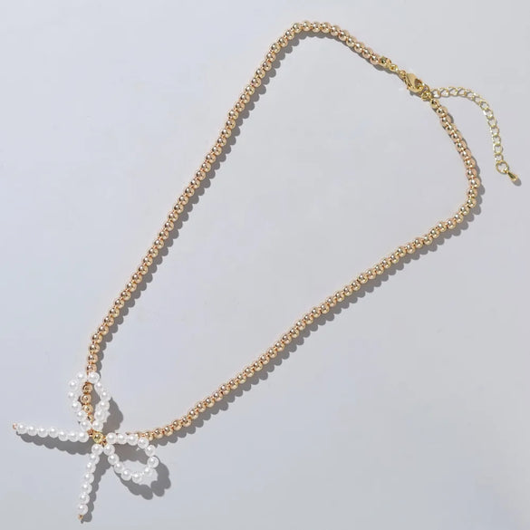 Mother Pearl Shellfish Copper Elegant Korean Style Beaded Geometric Bow Knot Pendant Necklace