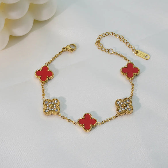 Mother Shell Titanium Steel 18K Gold Plated Elegant Lady Plating Four Leaf Clover Bracelets Necklace