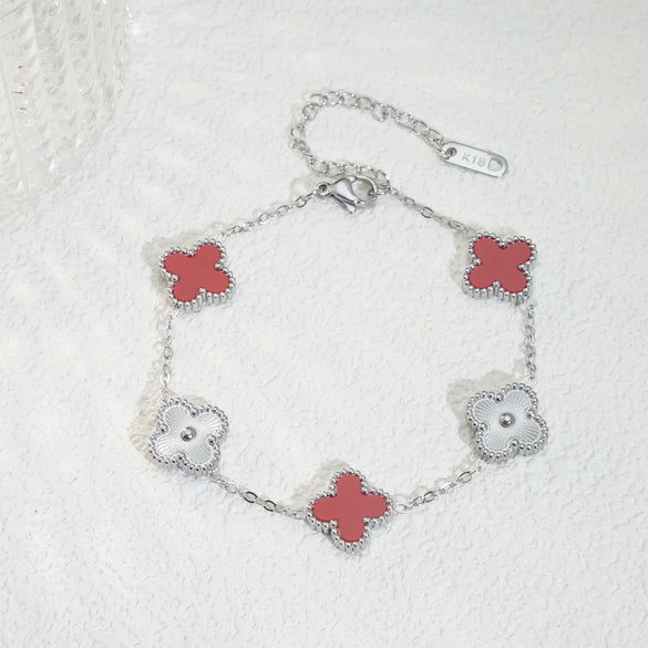 Mother Shell Titanium Steel 18K Gold Plated Elegant Lady Plating Four Leaf Clover Bracelets Necklace