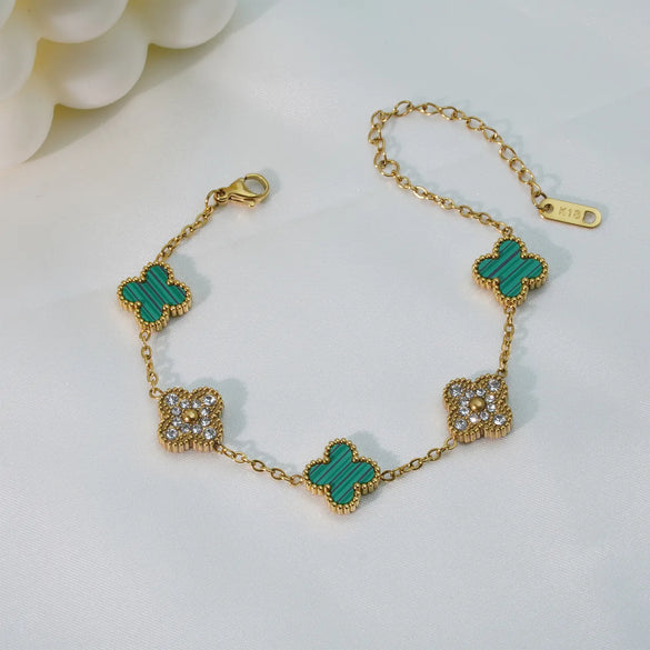 Mother Shell Titanium Steel 18K Gold Plated Elegant Lady Plating Four Leaf Clover Bracelets Necklace