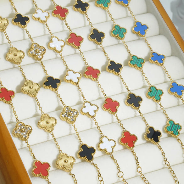 Mother Shell Titanium Steel 18K Gold Plated Elegant Lady Plating Four Leaf Clover Bracelets Necklace