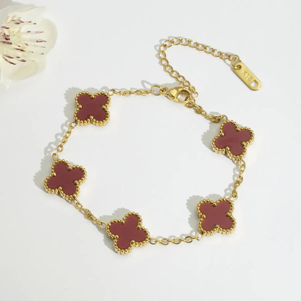 Mother Shell Titanium Steel 18K Gold Plated Elegant Lady Plating Four Leaf Clover Bracelets Necklace