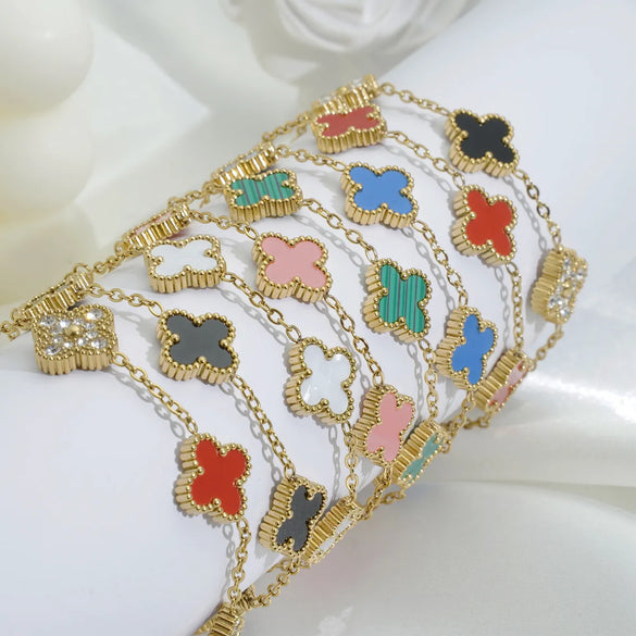 Mother Shell Titanium Steel 18K Gold Plated Elegant Lady Plating Four Leaf Clover Bracelets Necklace