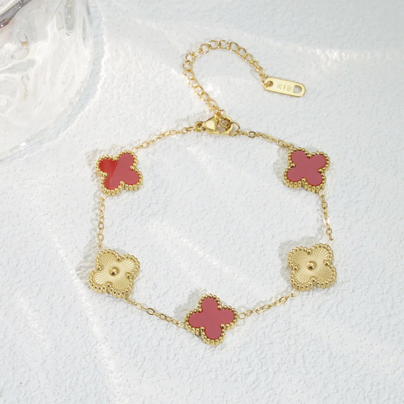 Mother Shell Titanium Steel 18K Gold Plated Elegant Lady Plating Four Leaf Clover Bracelets Necklace