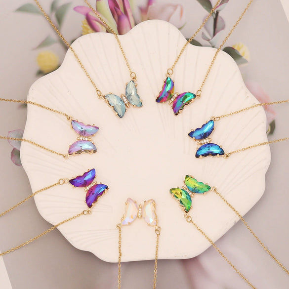 Multi Color Gradient Butterfly Stainless Steel And Copper Necklace With Electroplating Treatment