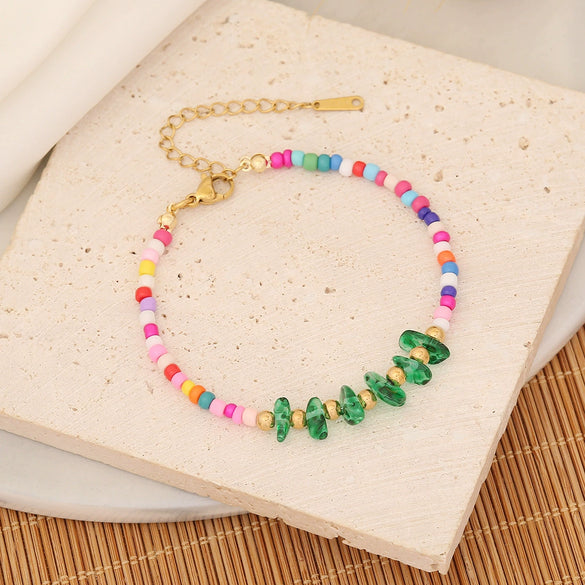 Multi Color Natural Stone Bohemian Rice Beads Handmade Rhombus Shaped Bracelet