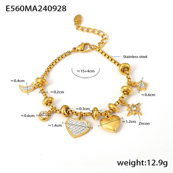 Multi Element Diy Women's Bracelet With Star Moon Zircon Stainless Steel Accessories Geometric Styling Electroplating Treatment