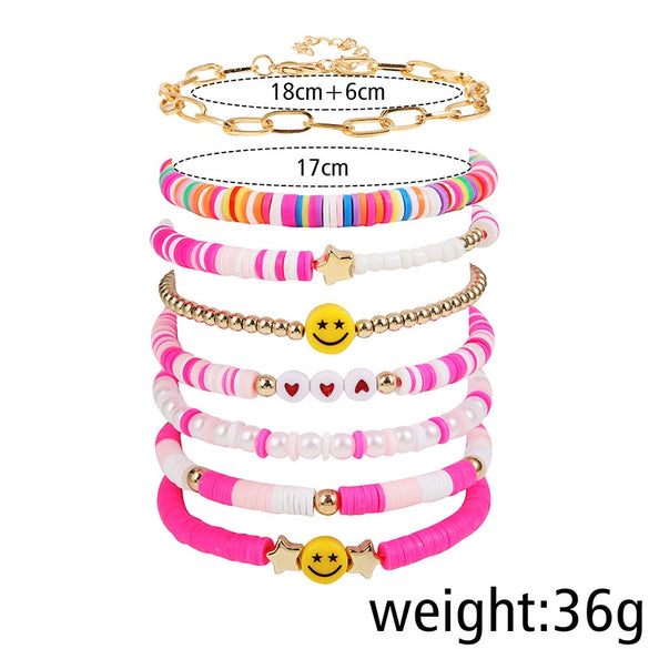Multi Layer Elastic Line Soft Pottery And Pearl Handmade Women's Bracelet With Smiley Face And Star Pattern