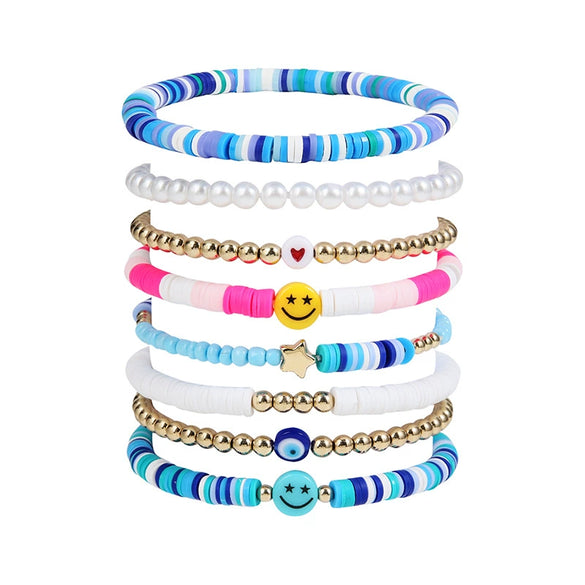 Multi Layer Elastic Line Soft Pottery And Pearl Handmade Women's Bracelet With Smiley Face And Star Pattern