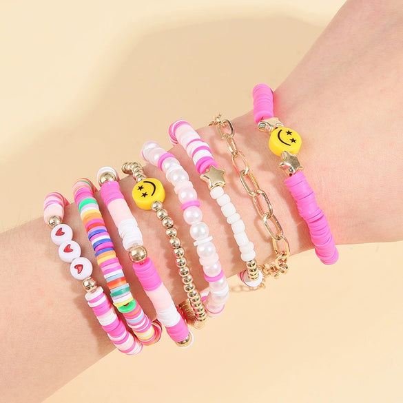 Multi Layer Elastic Line Soft Pottery And Pearl Handmade Women's Bracelet With Smiley Face And Star Pattern