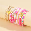 Multi Layer Elastic Line Soft Pottery And Pearl Handmade Women's Bracelet With Smiley Face And Star Pattern