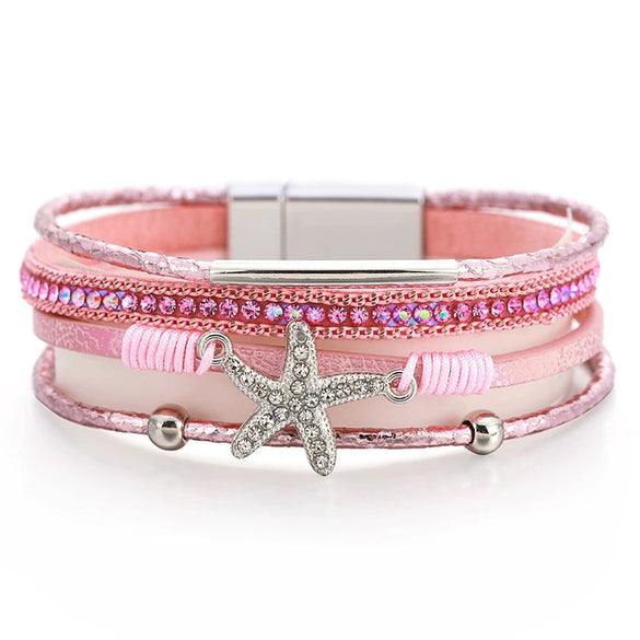 Multi Layer Leather Starfish Bead Bracelet For Women