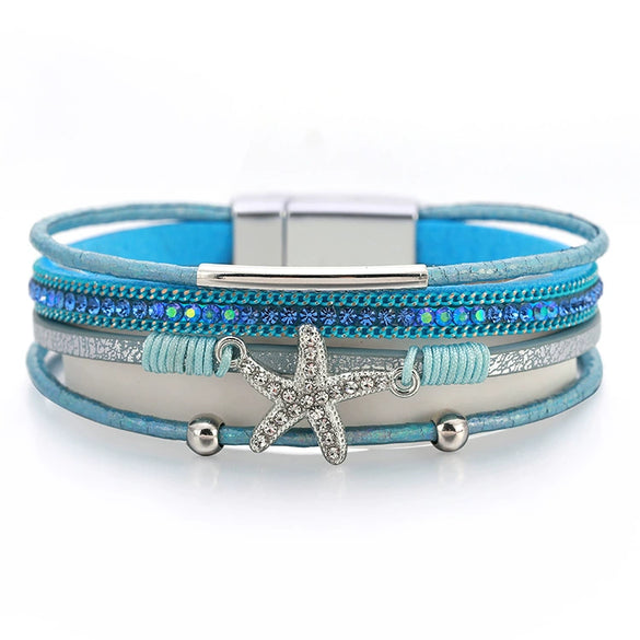 Multi Layer Leather Starfish Bead Bracelet For Women
