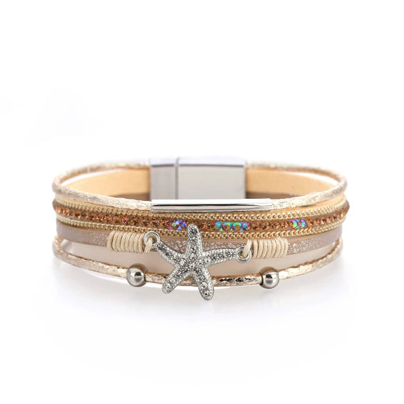 Multi Layer Leather Starfish Bead Bracelet For Women