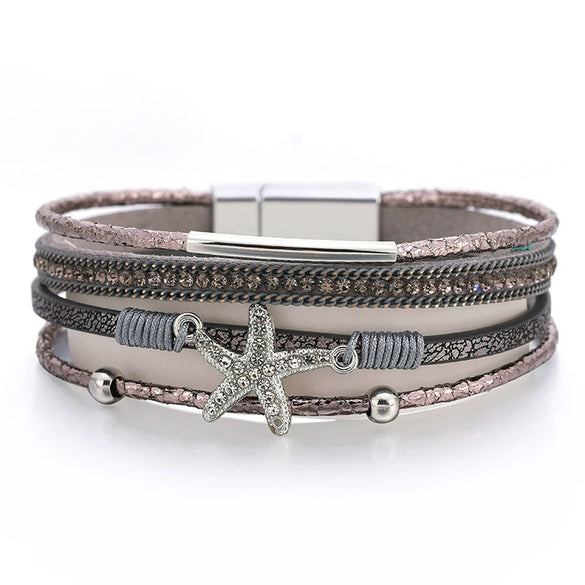 Multi Layer Leather Starfish Bead Bracelet For Women