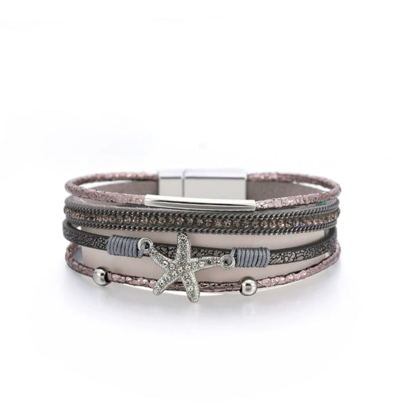 Multi Layer Leather Starfish Bead Bracelet For Women