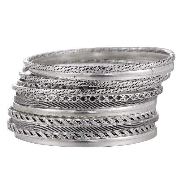 Multi Layer Stacked Geometric Metal Alloy Iron Electroplated Unisex Bracelet Set