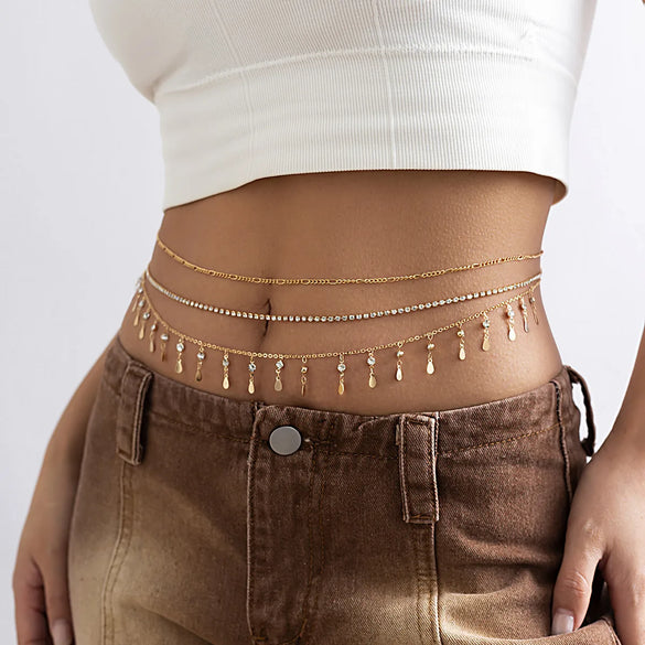 Multi-Layer Tassel Sequined Metal Waist Beach Rhinestone Alloy Body Chain