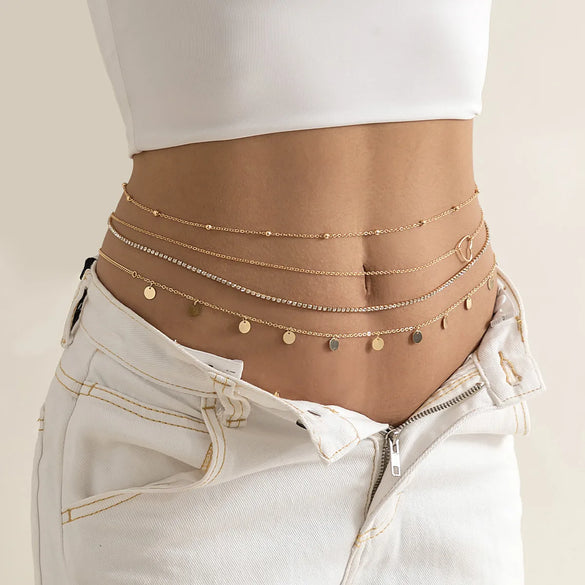 Multi-Layer Tassel Sequined Metal Waist Beach Rhinestone Alloy Body Chain