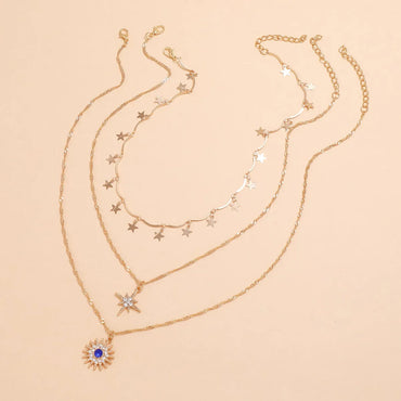 Multi-Layered Wear Five-Pointed Star Diamond Eight-Pointed Star Sun Flower Pendant Tassel Necklace