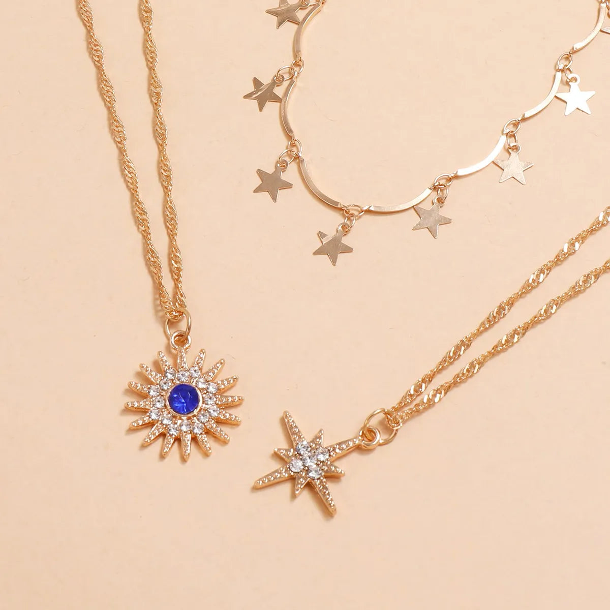 Multi-Layered Wear Five-Pointed Star Diamond Eight-Pointed Star Sun Flower Pendant Tassel Necklace