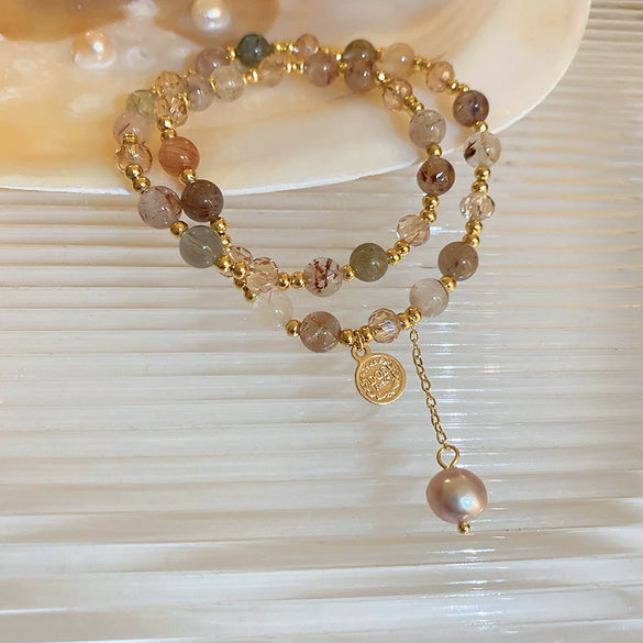 Multi Layered Winding Freshwater Imitation Pearl Beaded Bracelet Retro Geometric Style Handmade
