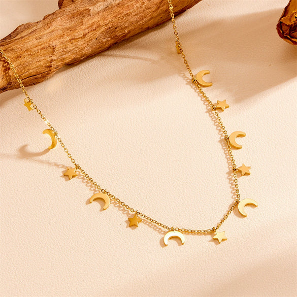 Multi Pendant Women's Necklace In Titanium Steel With Four Leaf Clover Love Star Moon Devil's Eye And Geometric Patterns