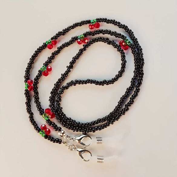 Multi Purpose Crystal Cherry Glass Beaded Pearl Mask Chain Anti Lost Hanging Chain In Fairy Style