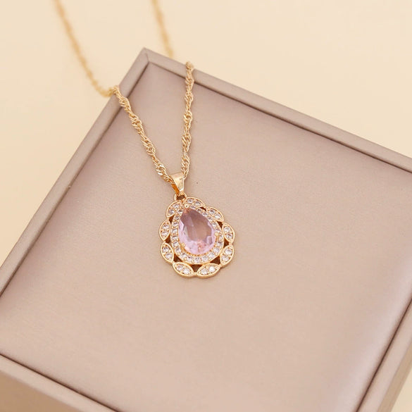 Multicolor Full Diamond Water Drop Women's Necklace With Water Wave Chain Made Of Glass Glaze And Artificial Crystal