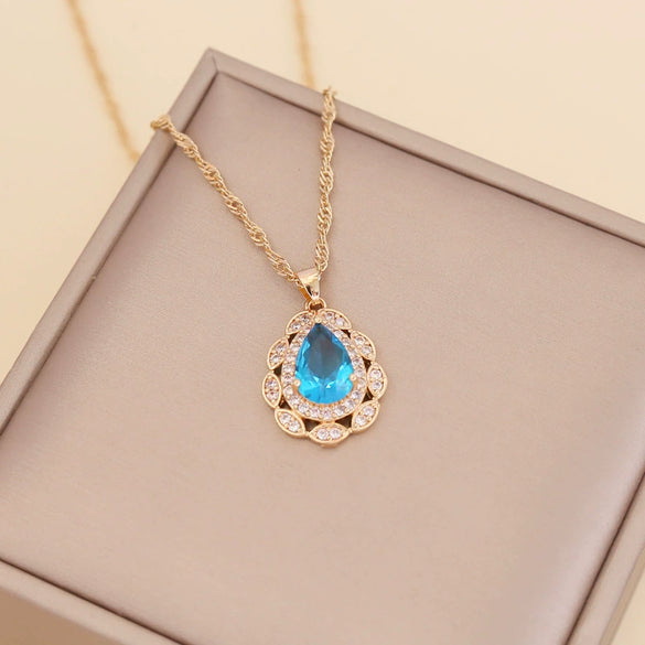 Multicolor Full Diamond Water Drop Women's Necklace With Water Wave Chain Made Of Glass Glaze And Artificial Crystal