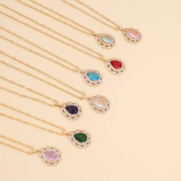 Multicolor Full Diamond Water Drop Women's Necklace With Water Wave Chain Made Of Glass Glaze And Artificial Crystal