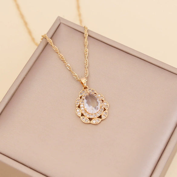 Multicolor Full Diamond Water Drop Women's Necklace With Water Wave Chain Made Of Glass Glaze And Artificial Crystal