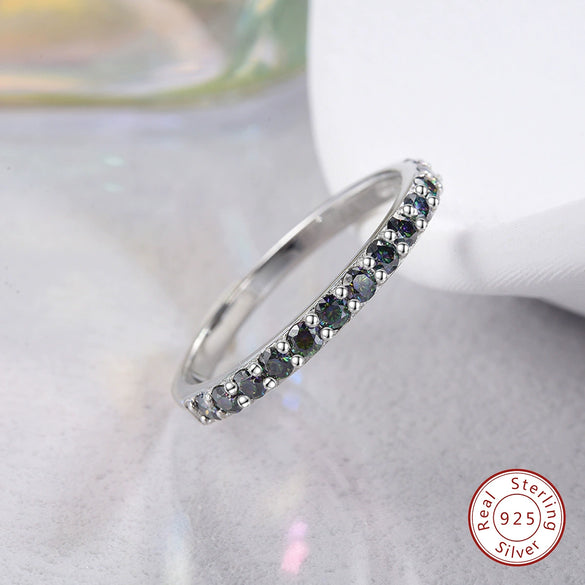 Multicolor Moissanite Oneline Single Row Round Stacked Simple Sterling Silver Ring With Geometric Design And Electroplating