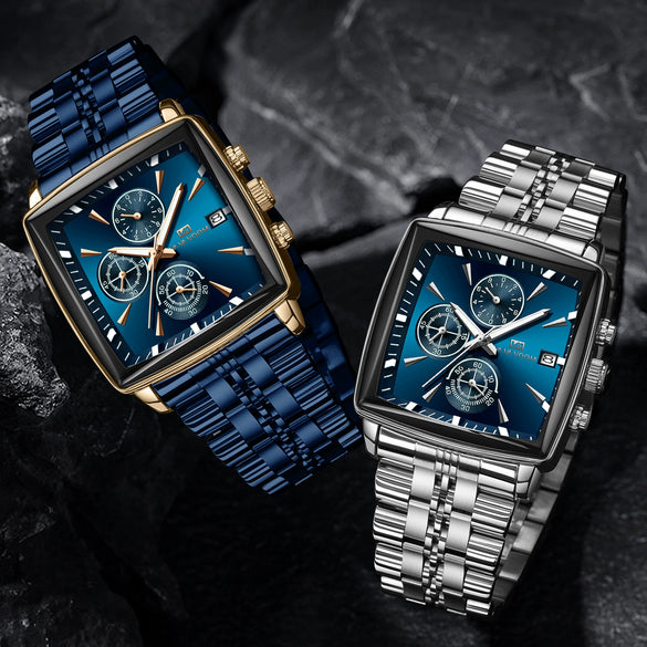 Multifunctional Business Men's Quartz Watch Alloy Case Stainless Steel Strap Square Dial Waterproof Luminous Calendar Threeeye Sixpin