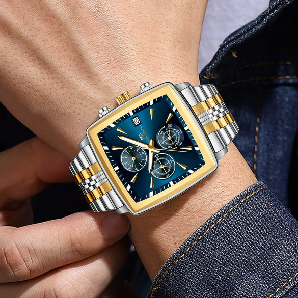 Multifunctional Business Men's Quartz Watch Alloy Case Stainless Steel Strap Square Dial Waterproof Luminous Calendar Threeeye Sixpin