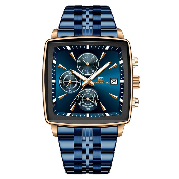 Multifunctional Business Men's Quartz Watch Alloy Case Stainless Steel Strap Square Dial Waterproof Luminous Calendar Threeeye Sixpin